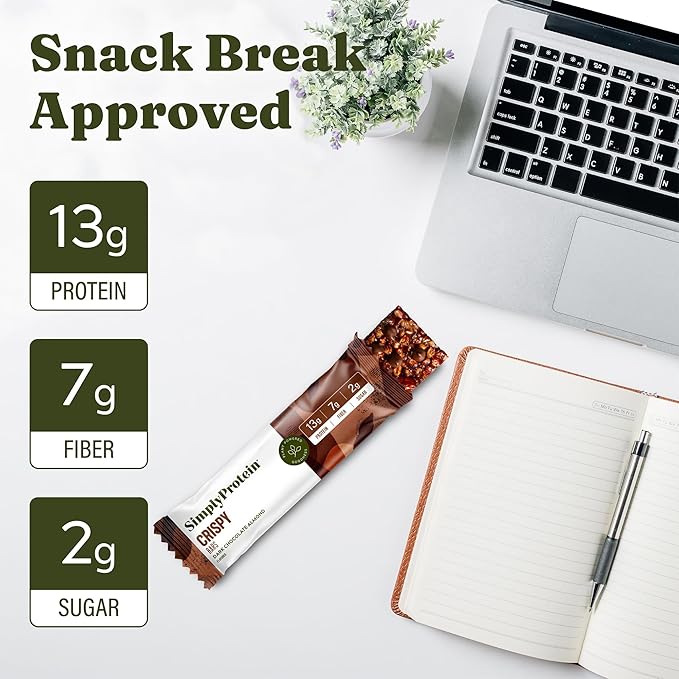 Simply Protein - Dark Chocolate Almond Crispy Bars - Plant Based Protein Bars - Low Carb, Low Sugar, High Fiber - 13g Protein, 2g Sugar, 7g Fiber - Vegan, Gluten Free, Non GMO, Kosher - 12 Bars