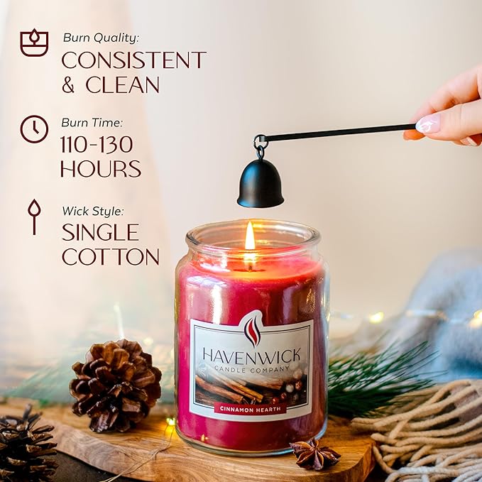 Havenwick Cinnamon Hearth Soy Blend 22-oz Large Jar Candle, Long Lasting 110-130 Hour Burn Time with Single Cotton Wick, Perfect Holiday Cinnamon Scented Candles for New Home Gift & Christmas Gift