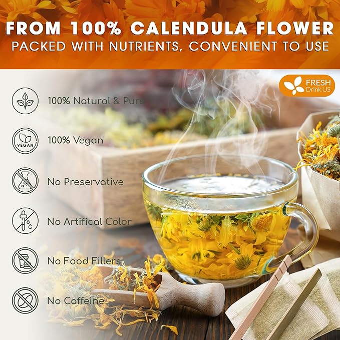 FRESHDRINKUS Premium 100% Natural Calendula Flower Tea Bags, 135 Count, Herbal Tea, Caffeine Free, Sugar Free, Gluten Free, Vegan