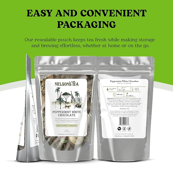 Nelson's Tea - Peppermint White Chocolate - Caffeine Free - Loose Leaf Peppermint Tea with Green & Red Rooibos - White Chocolate Tea (16 oz)
