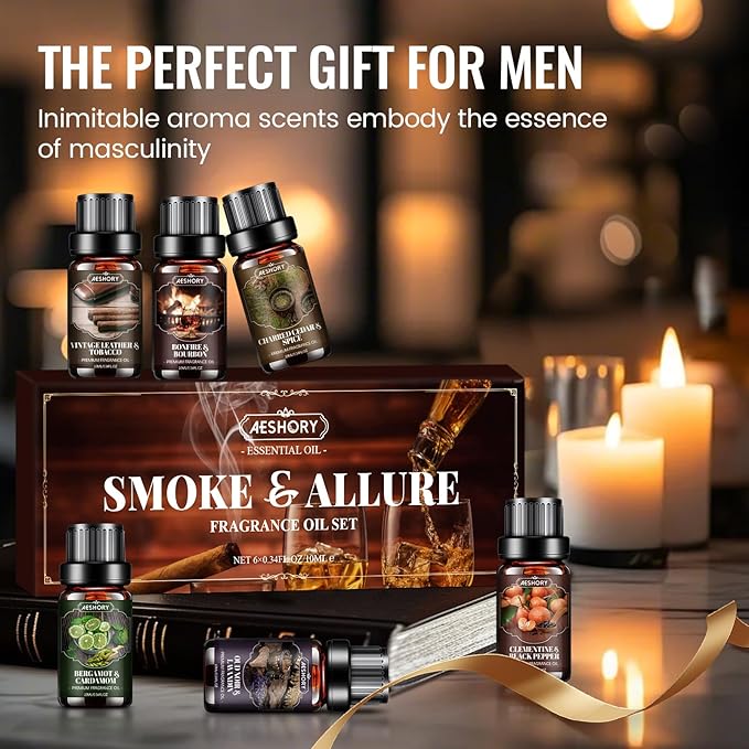 Men Essential Oils Set, Fragrance Oil for Diffuser, Leather, Tobacco, Cedar, Bourbon Whisky, Bergamot, Candle Scents for Candle Making, Soap Making Supplies, Man Aromatherapy Diffuser Oils Kit(6x10ML)