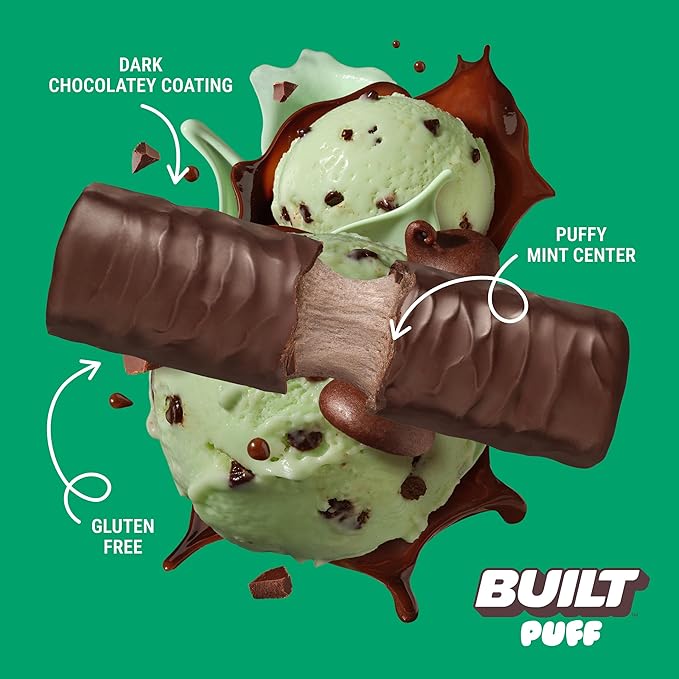 Built Bar, Puff Protein Bars, Mint Chip Puff, 17g Protein Snacks, On-The-Go Bars, Only 140 Calories, 6g Sugar, Collagen, Gluten Free, 12 Count