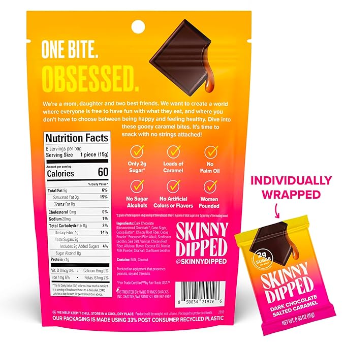 SkinnyDipped Dark Chocolate Salted Caramel Bites, 2g Sugar per Piece, Keto Friendly, Low Calorie Gluten Free, 4 Pack