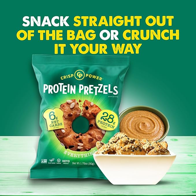 Crisp Power Protein Pretzels, Everything, High Protein Vegan Keto Snack, 28 G Plant Based Protein, Low Carb Crunchy Pretzel Snacks, Sugar Free, No Seed Oils, 1.75 oz Bags, 24 Pack