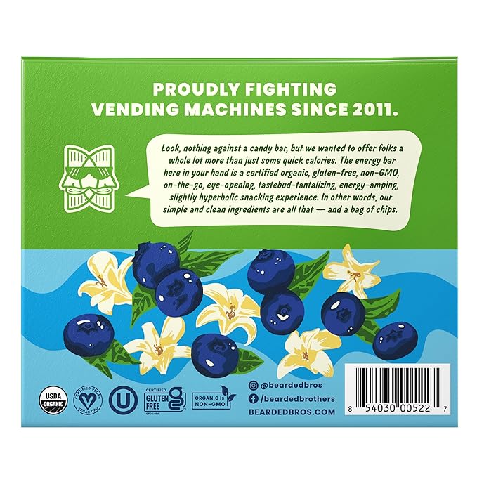 Bearded Brothers, Organic Vegan Protein Energy Bars, Blueberry Vanilla (12 Pack) - Gluten Free, Paleo, Fiber, Whole 30 | Non GMO Low Glycemic Snacks (Packaging May Vary)