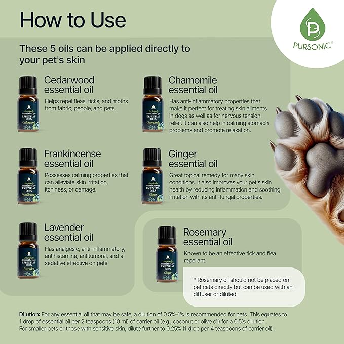 PURSONIC Pet Friendly Aromatherapy Essential Oils Collection, 6-Count - Safe for Dogs and Cats, Natural Relaxation and Stress Relief