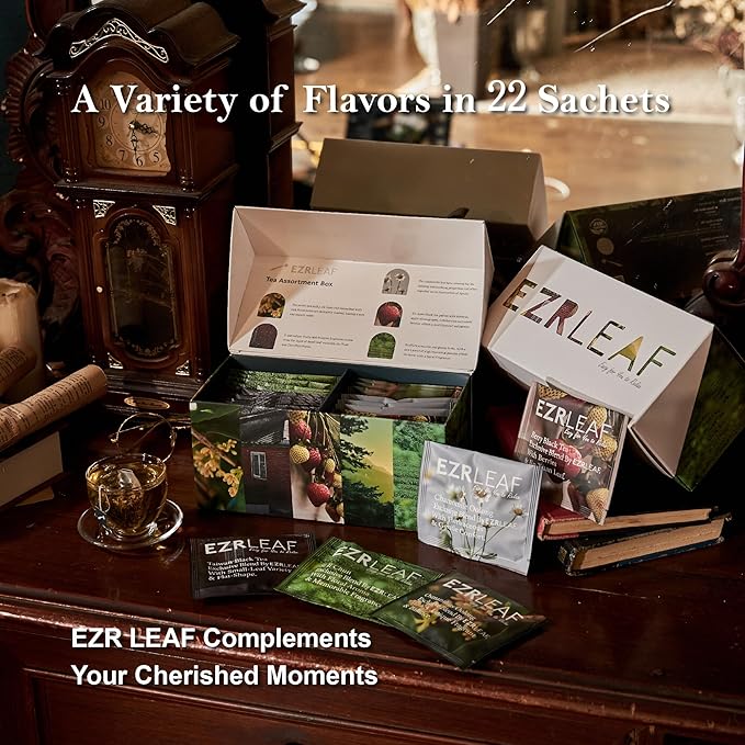 EZR Leaf Tea Sampler Gift Box – 22 Pyramid Tea Bags with Taiwan Black, Osmanthus Oolong, Chamomile Oolong, Berry Black, Four Seasons Green – Flavored Assorted Tea Set for Gifting & Tasting
