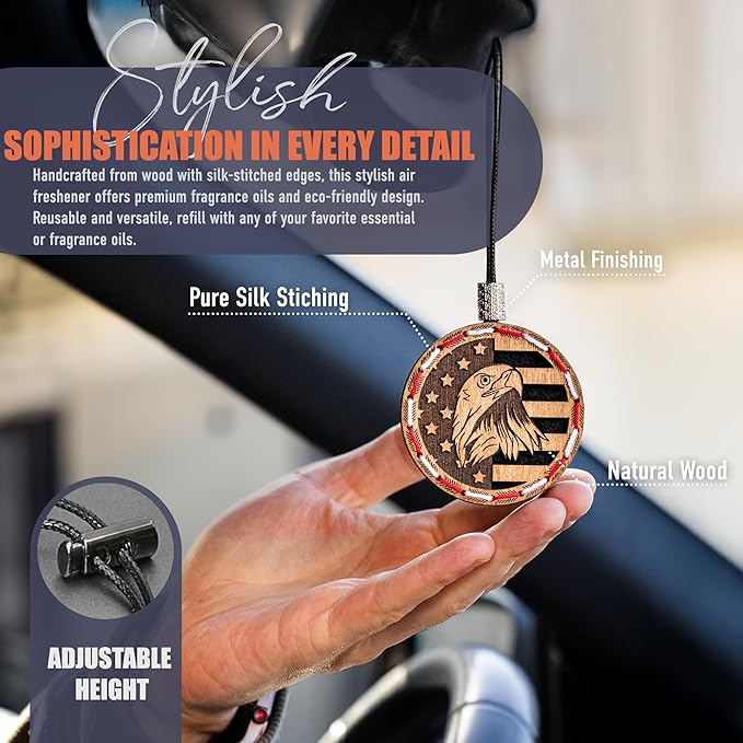 Wood Car Air Freshener — Handcrafted Air Freshener — American Flag Hanging Fragrance Oil Diffuser in Wooden Gift Box — Christmas Gift for Car with Ocean Breeze Fragrance Oil - 10 ml