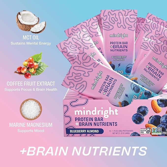 MINDRIGHT Superfood Vegan Protein Bars - Gluten Free Non-Gmo Low Sugar - Plant based protein bars - All Natural Brain Food Healthy Snack To Help Enhance Mood & Energy ((Blueberry Almond,12 Pack)