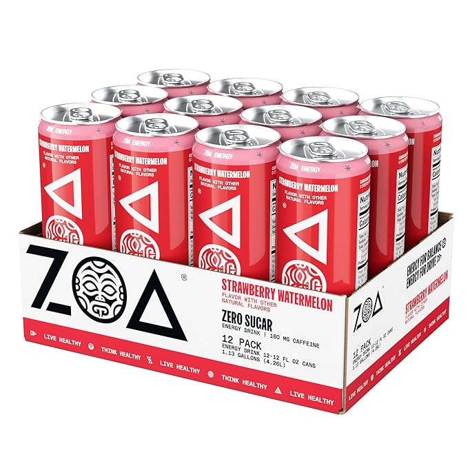 ZOA Zero Sugar Energy Drinks, Strawberry Watermelon - Sugar Free with Electrolytes, Healthy Vitamin C, Amino Acids, Essential B-Vitamins, and Caffeine from Green Tea - 12 Fl Oz (12-Pack)