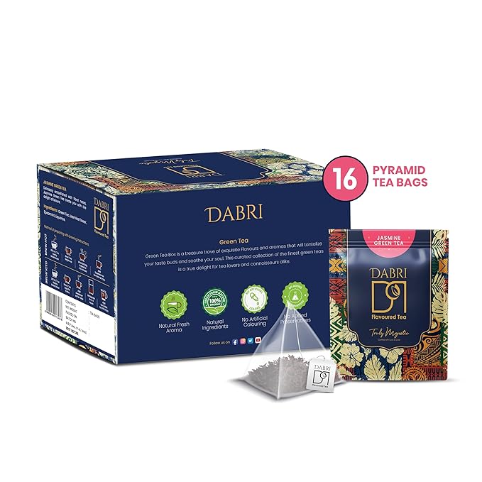 Dabri Jasmine Green Tea Bags | 16 Premium Green Tea Bags with Jasmine Flowers | Natural Antioxidant-Rich for Refreshing Energy & Wellness