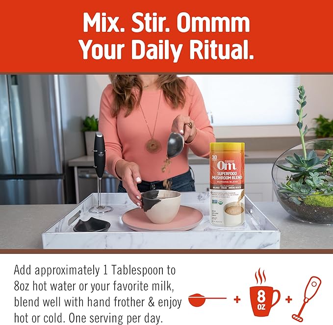 OM MUSHROOM SUPERFOOD Morning Energy Blend Mushroom Powder Drink, 8.47 Ounce Canister, Coffee Free Energy Drink with Cordyceps, Vitamin D2, Agaricus Bisporus, Lion's Mane, Rhodiola, and Turkey Tail