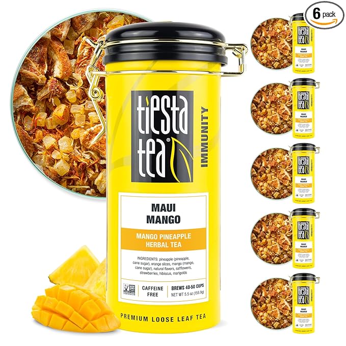 Tiesta Tea - Maui Mango | Loose Leaf | Mango Pineapple Herbal Tea | Premium Non-Caffeinated Blend | Make Hot or Iced | Brews Up to 50 Cups | 33 Ounce Refillable Tin, Pack of 6