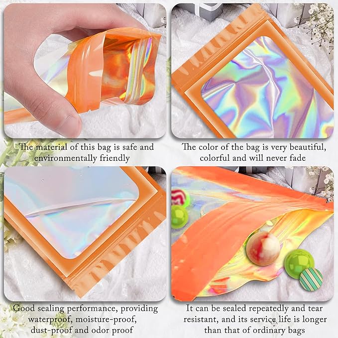 100 Pieces Resealable Mylar Resealable Bags, Holographic Packaging Bags, Odor Foil Pouch Zip Bag with Clear Window for Food Storage and Lipgloss, Jewelry Lash (Orange, 4.3 x 7.5 Inch)