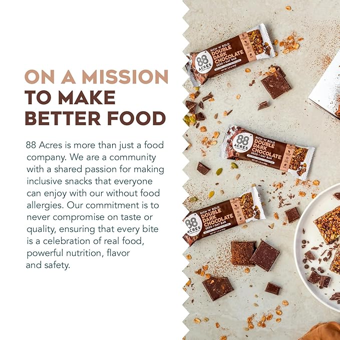 88 Acres Granola Bars | Double Dark Chocolate | Gluten Free, Nut-Free Oat and Seed Snack Bar | Vegan & Non GMO | 12 Pack