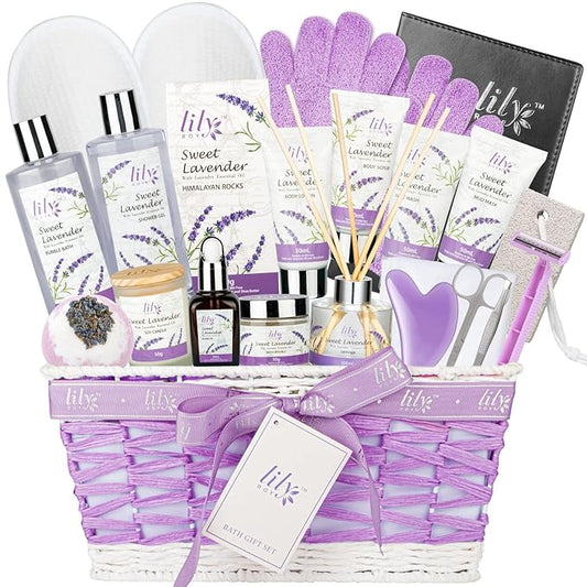 Christmas Gifts for Women - 22-Piece Luxury Lavender Bath and Body Gift Basket Set for Women, Spa Gift Basket with Bath Bomb, Diffuser | Self Care Mothers Day Birthday Gifts for Her, Bridal Shower