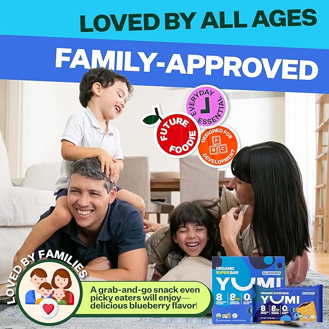 YUMI Organic Breakfast Superbar, Gluten-Free, No Added Sugar, 7+ Vegetables, Soft-Baked Crust, Healthy Snack Bars for Kids, School Safe, Healthy Alternative to Granola Bars or Cereal Bars, Blueberry (30ct)