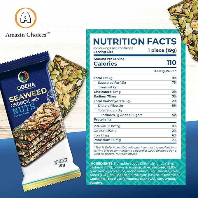 Seaweed Crunch with Nuts Classic Taste– Amazin Choices Vegan Snack Bars with Cashews, Almonds & Pumpkin Seeds – Premium Asian Chips – Seaweed Sheets – Sandwich Seaweed – Variety Pack