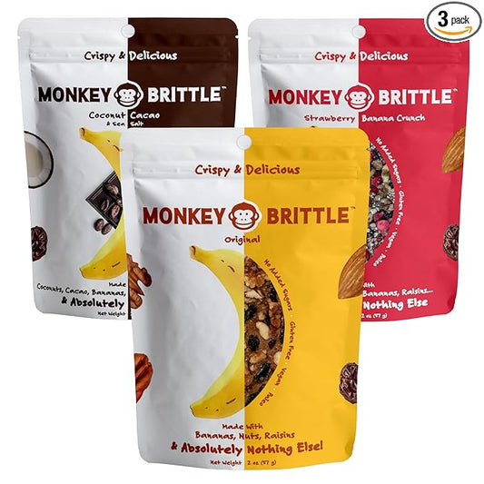 Monkey Brittle Healthy Snacks, Crispy Plant-Based Treats for Kids & Adults, Vegan & Gluten-Free, All-Natural Snack for School, Sports, Camping & On-the-Go (Pack of 3), Combo - Original + Cacao Coconut + Strawberry Banana Crunch
