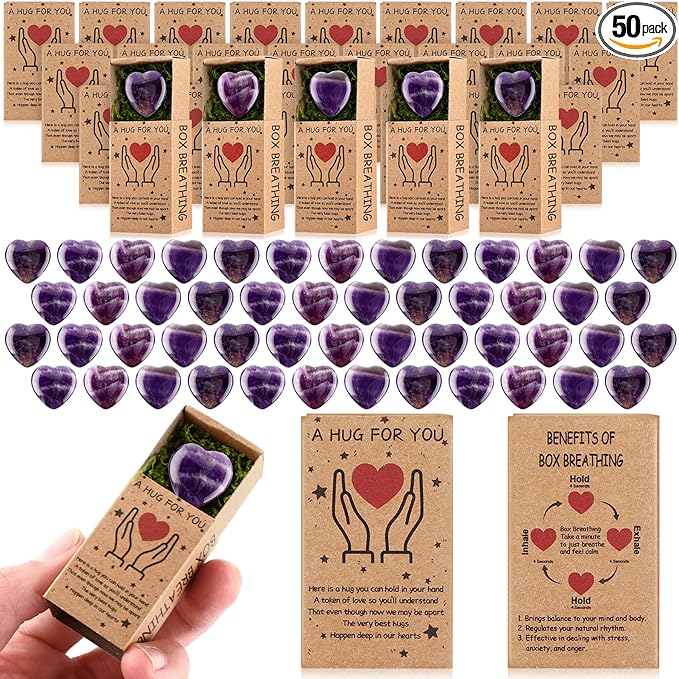 Landical 50 Sets Pocket Hug Token Gifts Small Crystal Heart Stones Bulk with Boxes Mini Heart Shape Natural Stones for Colleagues Family Distance Social Celebration of Life Gifts(Purple)