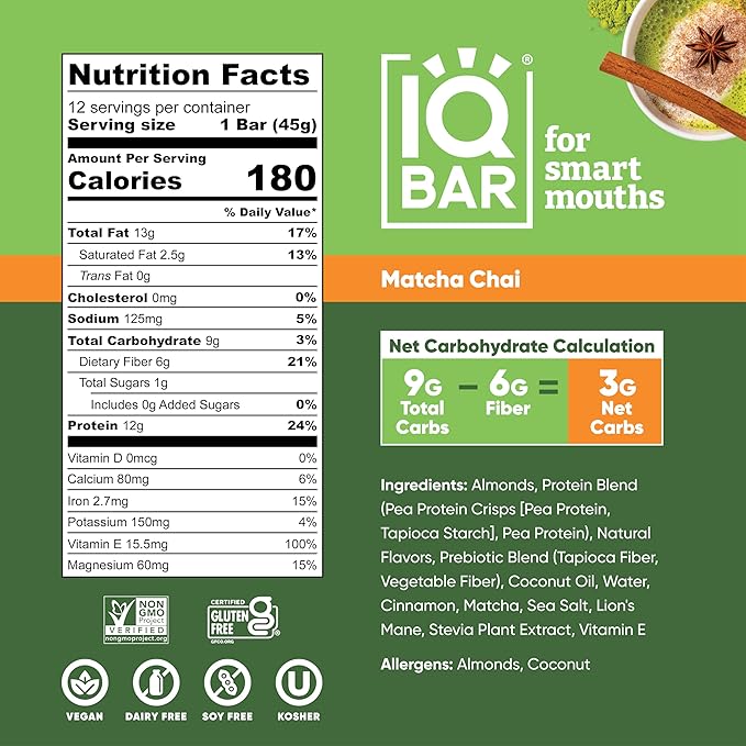 IQBAR Brain and Body Plant Protein Bars - Matcha Chai - 36-Count - Keto, Vegan, Low Carb, High Fiber, Gluten Free, Dairy Free, Low Sugar Snack with Nutrients for Focus, Energy, Meal Replacement