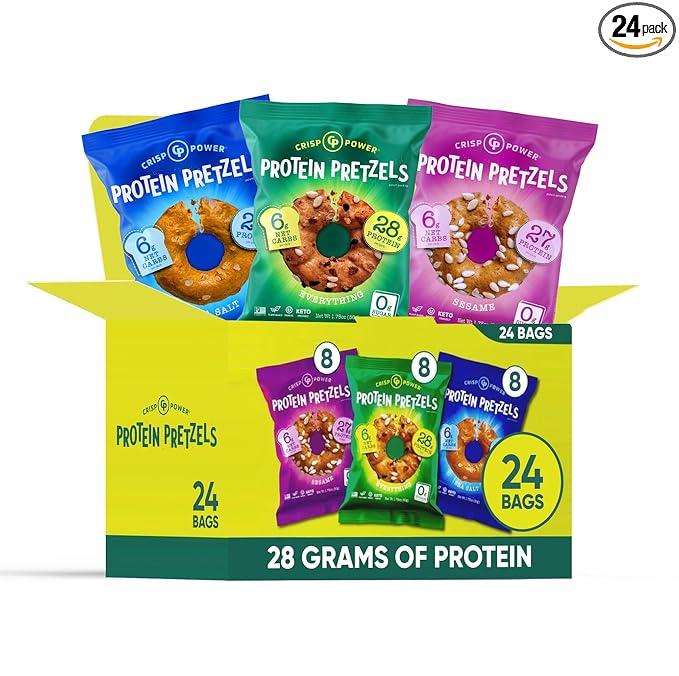 Crisp Power Protein Pretzels, Variety Pack With Sea Salt, Sesame, & Everything, Vegan Keto Snack, Plant Based Protein, Low Carb Crunchy Pretzel Snacks, Sugar Free, No Seed Oils, 1.75 Oz Bags, 24 Pack