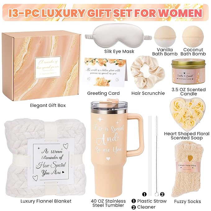 Birthday Gifts for Women, Self Care, Get Well Soon, Vanilla Coconut Relaxing Spa Basket Care Package, Unique Gifts for Mom, Sister, Wife, Girlfriend, Grandma