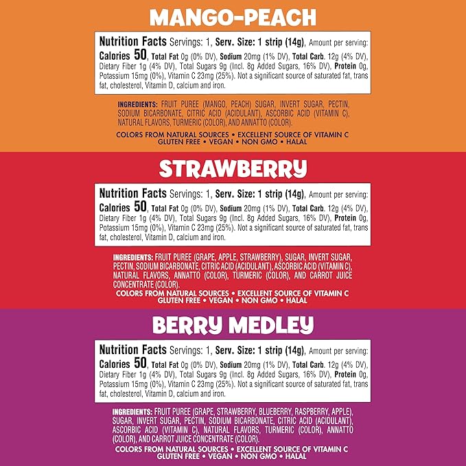 Welch's Absolute Fruitfuls Fruit Strips, Tasty Dried Fruit Snacks for School Lunches, Berry Medley,Mango Peach, Strawberry 0.5oz (Pack of 50)