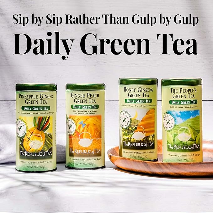 The Republic of Tea Honey Ginseng Green Tea, 50 Tea Bags, Relaxing Chinese Green Tea Gourmet Blend