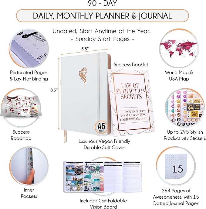 Gratitude Journal for Women & Men - 5 Minute Self Care Journal | 90-Day Undated Daily Planner for Positivity, Affirmations & Manifestation | Guided Mindfulness, Reflection | Vision Board + Stickers