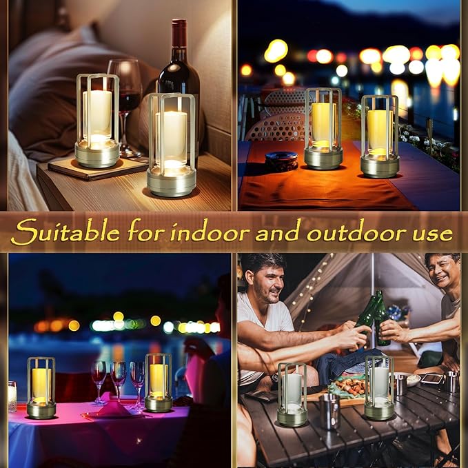 Crystal Lantern Lights Set of 2, Battery Operated Rechargeable Cordless Crystal Table Lantern Lamp with 3-Color, Small LED Desk Lamp for Indoor/Outdoor Patio Camping Bar Restaurant(Silver)