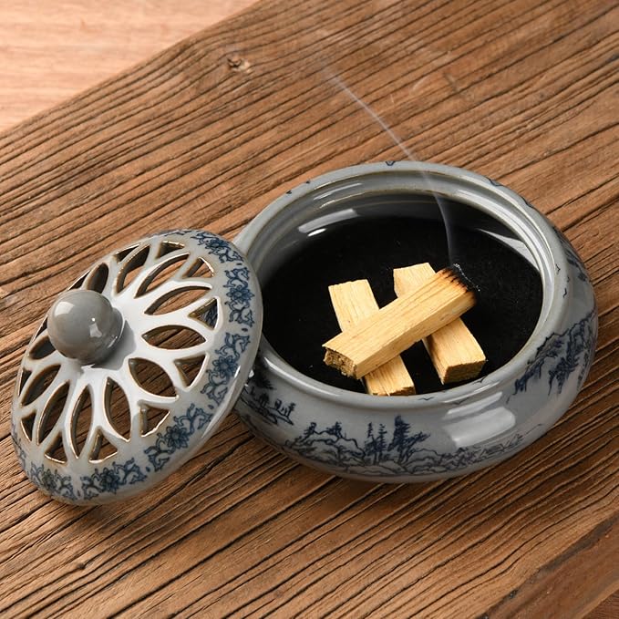 Ceramic Incense Burner with Holder for Stick/Coil Incense,Sage Cones and Mosquito Incense Handmade Smudging Burn Bowl for Cleansing Negative Indoor Energy and Other Incense Rituals, Cyan