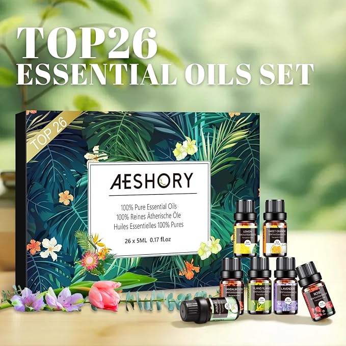 Essential Oils Set - 26x5ml Pure Aromatherapy Essential Oils Kit for Diffuser, Massage, Skin & Hair Care, Candle Making - Lavender, Tea Tree, Eucalyptus, Sandalwood, Peppermint, Rosemary, Lemongrass