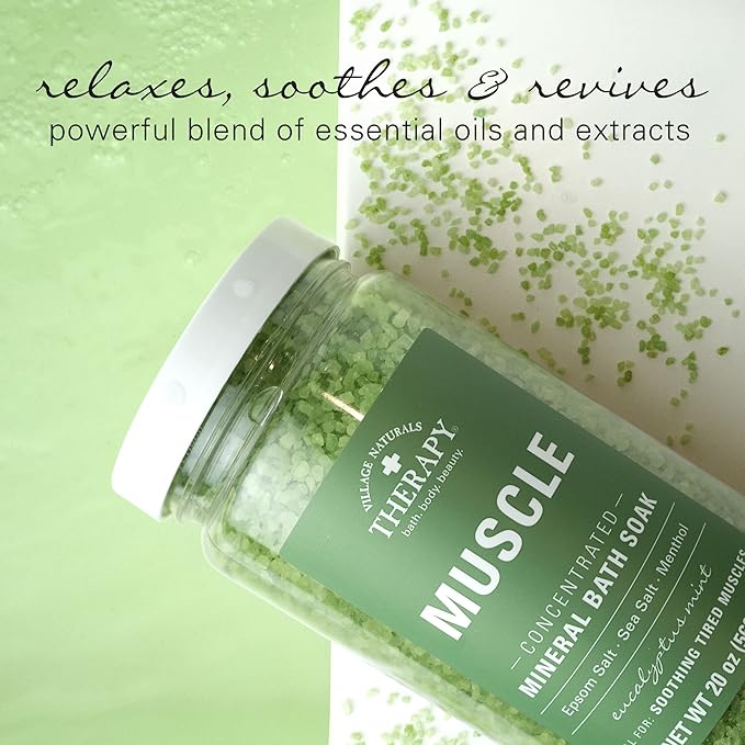Village Naturals Therapy, Muscle Concentrated Mineral Bath Soak, Eucalyptus Mint Scent, 20 oz, Pack of 4