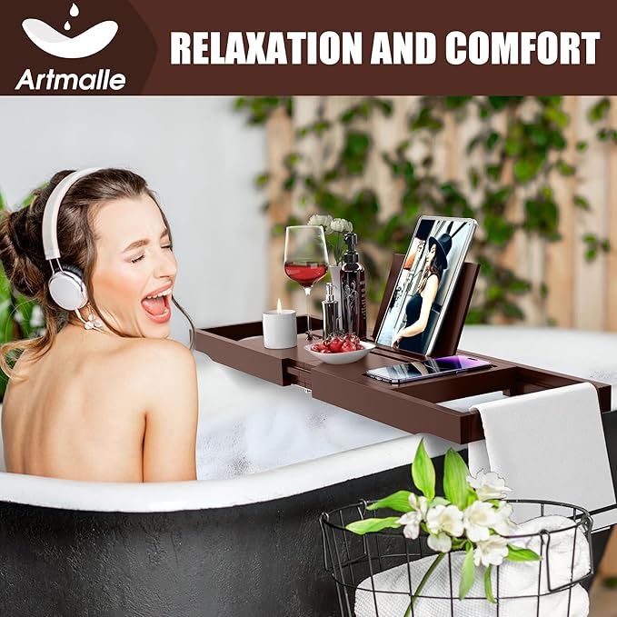 Artmalle Bathtub Tray for Tub, Expandable Bamboo Bath Caddy Tray with Book Stand for Home Spa Relaxing, Foldable Minimalist Bathroom Accessories for Women Men (Simple, Brown)