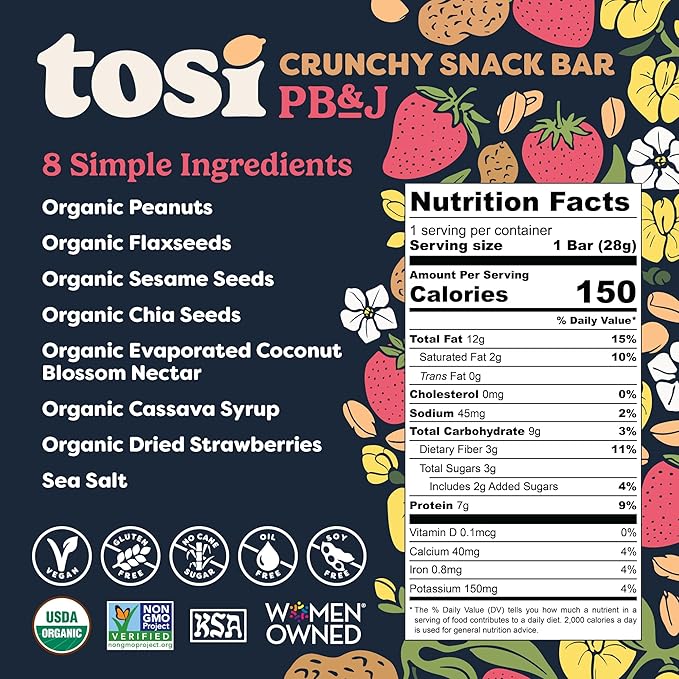 Tosi Peanut Butter & Jelly Protein Bars, Plant Based with Nuts, Gluten-Free Crunchy Snacks, Vegan, Organic, Flax & Chia Seeds, Soy-Free, Omega 3s, 7G Protein, 1 oz, 12-Pack