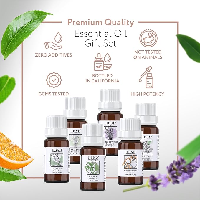 HBNO Essential Oils Set (10ml) - Top 6 Essential Oils. Ideal for Aromatherapy, Soap Making, and Skincare and More - Lavender, Eucalyptus, Tea Tree, Peppermint, Orange, Lemongrass