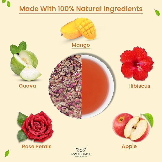 TeaNOURISH Guava Magic Herbal Tea | CAFFEINE-FREE | Refreshing and Fruity | 100% Natural Guava, Mango, Apple, Hibiscus & Rose Petals | Brew Hot or Iced Tea - 3.53oz/100g (Pack of 2)