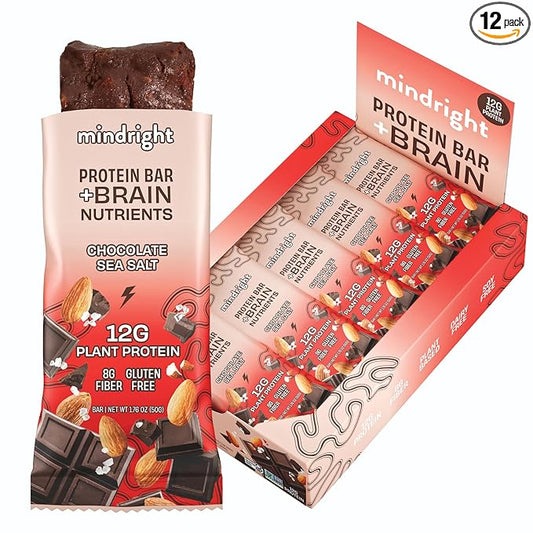 MINDRIGHT Superfood Vegan Protein Bars - Gluten Free Non-Gmo Low Sugar - Plant based protein bars - All Natural Brain Food Healthy Snack To Help Enhance Mood & Energy (Dark Chocolate Sea Salt,12 Pack)
