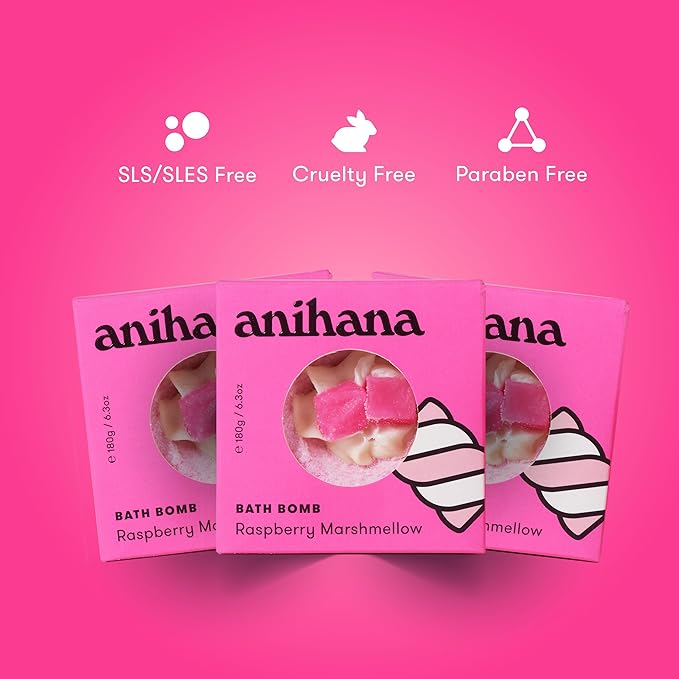 ANIHANA Bath Bombs with Coconut Oil, Paraben Free, Hand-Crafted Luxury Fizzers, Refreshing Raspberry Marshmellow Scent, 6.3 oz Each, 3 Pack