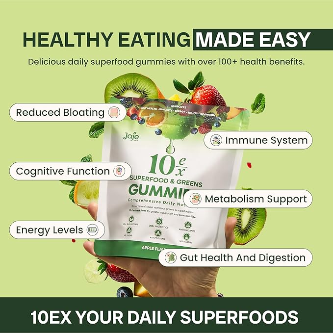10ex Supergreens Gummies w/Probiotics. 40 Superfoods & Super Greens. 10x More Nutrients. Multivitamins & Antioxidants from Whole Foods. Healthy Snacks for Adults. Keto, Low Carb, Low Calorie Snacks.