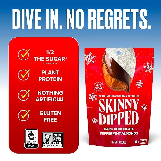 SkinnyDipped Dark Chocolate Peppermint Almonds, Healthy Snack, Plant Protein, Gluten Free, 3.5 oz Resealable Bags, Pack of 5