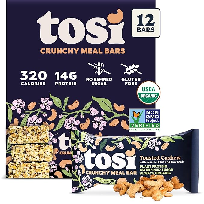 Tosi Meal Bars - Toasted Cashew, Crunchy Nut & Seed Vegan Snack Bars, 14g Plant Based Protein, Organic, Dairy, Soy & Gluten Free, Nutrient-Rich, Omega 3s, Flax and Chia Seeds, 2.4 oz, 12 Pack