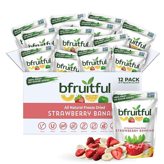 bfruitful Freeze-Dried Strawberry Banana, Freeze Dried Fresh Fruit Bites, Gluten Free, Vegan, Dairy Free, Kosher, No Sugar Added, Non GMO, Healthy Snacks for Kids or Adults, 0.56 oz Single-Serve Snack Packets, 12 Pack