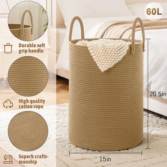Laundry Basket,Woven Cotton Rope Laundry Hamper,60L for Decorative Storage of Dirty Clothes,Toys and Blankets in Bathroom,Baby Room and Living Room