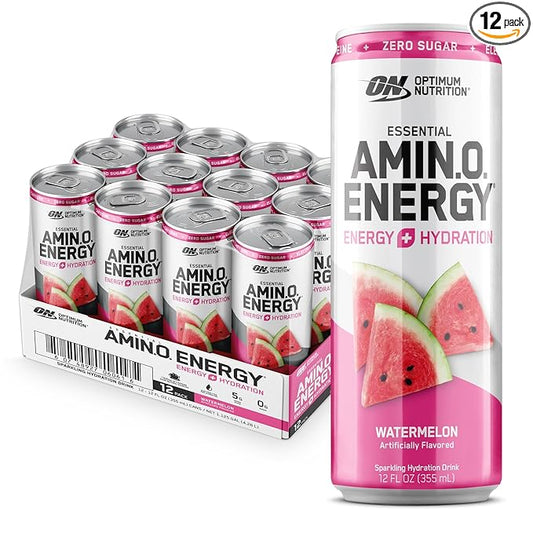 Optimum Nutrition Amino Energy Sparkling Hydration Drink, Electrolytes, Caffeine, Amino Acids, BCAAs, Sugar Free, Watermelon, 12 Fl Oz, 12 Pack (Packaging May Vary)
