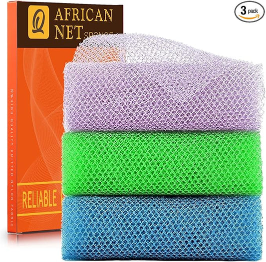 UJFQBH 3 Pieces African exfoliating net African Net Long Net Bath Sponge Exfoliating Shower Body Scrubber Back Scrubber Skin Smoother,Great for Daily Use (Purple, Blue, Green)