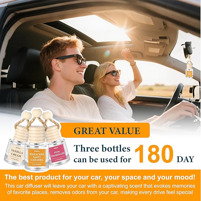Hanging Car Air Freshener (Pack of 3) : Luxury Car Perfume for Women Men | Cute & Reusable Bottle with 45+ Days Long-Lasting Fragrance Oil Diffuser, Vanilla Cream & Pink Champagne & Pistachio