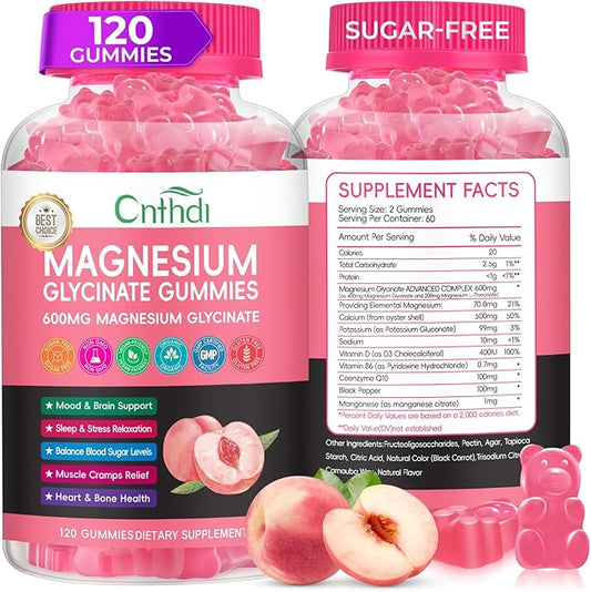 Magnesium Glycinate Gummies Sugar Free, High Absorption Magnesium Complex with L-Threonate, Calcium, B6, D3, Chews Gummies, Relaxation, Stress Relief, Night Rest