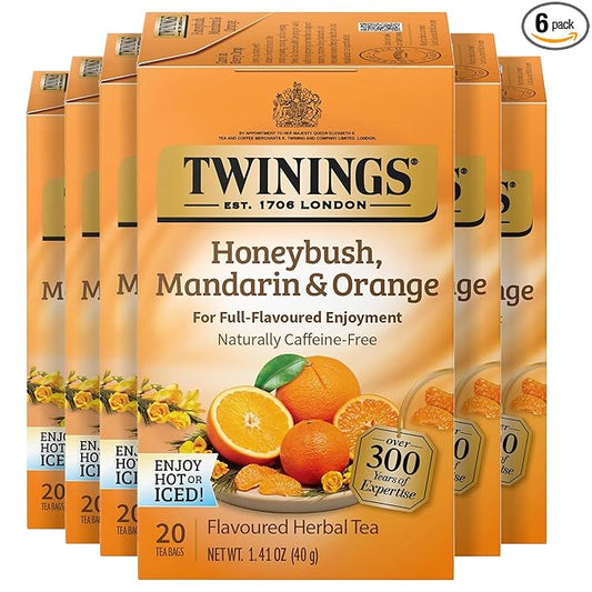 Twinings Honeybush, Mandarin, & Orange Herbal Tea Individually Wrapped Bags, 20 Count (Pack of 6), Naturally Caffeine-Free, Enjoy Hot or Iced, 120 Teabags
